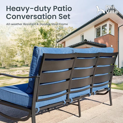 PHI VILLA 5 PCS Patio Furniture Set, Metal Deluxe Patio Set with 1 x 3 Seater Deep Seating Bench, 2 x Swivel Sofa Chairs & 2 x Metal Cushioned Ottoman, Outdoor for Garden, Peacock Blue