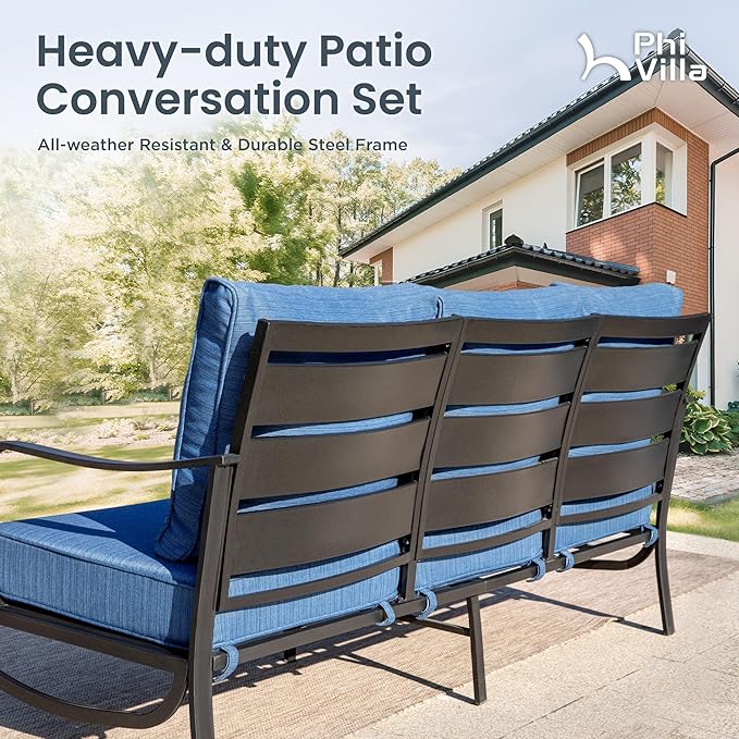 PHI VILLA 6 Piece Patio Furniture Sets with 1 x 3-Seat Deep Seating Bench, 2 x Cushioned Swivel Sofa Chairs, 1 x Coffee Table & 2 Ottoman, Outdoor Metal Conversation Set for Lawn Garden, Peacock Blue