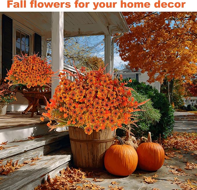 Artificial Fall Flowers for Outdoors Fake Mums - 16 Bundles Faux Fall Decor Plants No Fade Shrubs (16, OrangeGreenGrass)