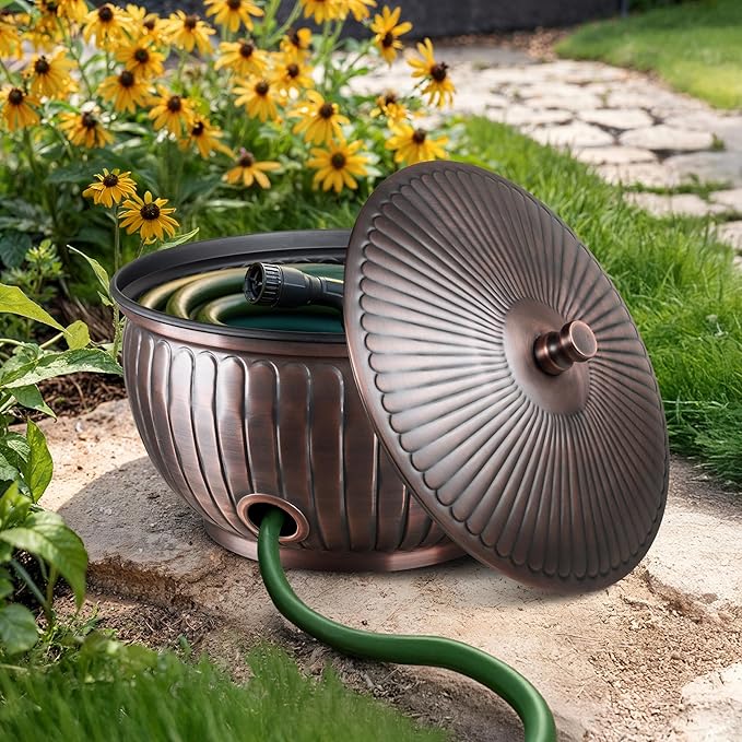 Monarch Abode Garden Hose Holder with Lid – Decorative Water Hose Holders for Outside, Arch Embossed Metal Antique Copper Pot with Drainage, 100ft Waterhose Holder for Outside, Garden Storage Caddy