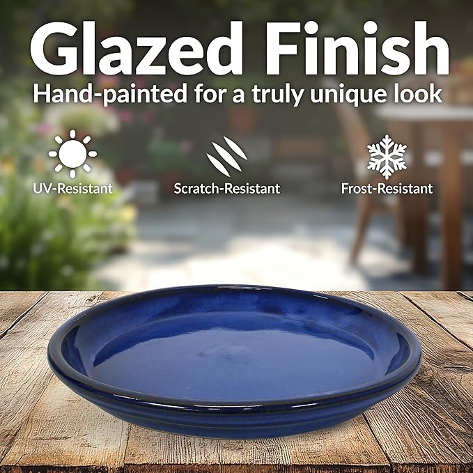 Sunnydaze 12-Inch Ceramic Plant Saucers - Plant Drip Trays for Outdoor Planter Flowerpot Drainage - Set of 4 - Imperial Blue