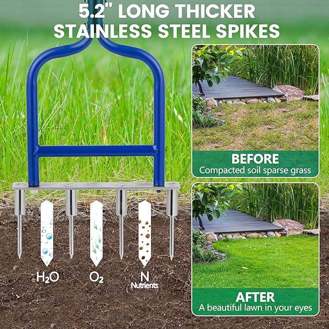 Spike Tine Fork Lawn Aerator - Four 5.2'' Stainless Steel Spikes Manual Gardening Hand Tool - Grass Dethatcher Aerator Lawn Tool with Solid Tines for Compacted Soil - Lawn Plugger Aerator.