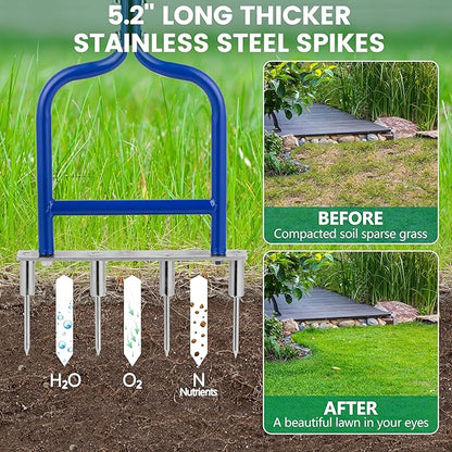 Spike Tine Fork Lawn Aerator - Four 5.2'' Stainless Steel Spikes Manual Gardening Hand Tool - Grass Dethatcher Aerator Lawn Tool with Solid Tines for Compacted Soil - Lawn Plugger Aerator.