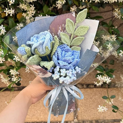 Blue Rose Crochet Flowers Bouquet Handmade Knitted Artificial Flowers Home Decor