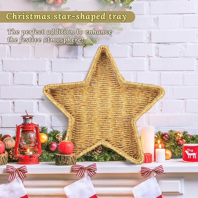 Star Wicker Basket, Rattan Basket, Decorative Basket, Star Plates, Woven Basket for Gifts, Christmas Stars, Christmas Serving Dishes and Platters, Oat milk, Resin Wicker Set of 2