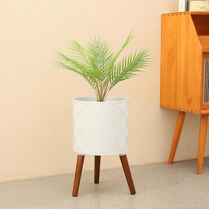 12 Inch Planter with Stand, Planter for Indoor Plants, Modern Large Flower Planter Pot with Drainage Holes for Outdoor,Matte White