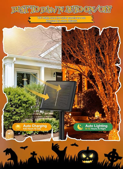Brightown 4 Pack Solar Halloween Lights, Total 184FT 480 LED Solar String Lights Outdoor Waterproof Black Wire with 8 Modes, Solar Fairy Light for Garden Yard Patio Party Decors, Orange
