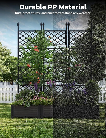 3 PCS Raised Garden Bed with Trellis, 50 in W x 63"Tall Plastic Planter Box for Climbing Plants, Outdoor Vertical Garden with Privacy Screen for Patio, Balcony, Backyard – Sturdy & Lightweight