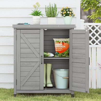 Potting Bench with Storage Cabinet and Metal Table Top for Outdoor Patio, Garden Furniture Wood Workstation