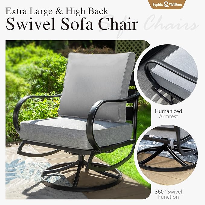 Sophia & William 2 Pieces Patio Furniture Sets Metal Sofa Chairs Patio Cushion Armchairs Swivel Sofa Chairs with Removable Cover for Garden Backyard Poolside Grey