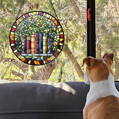 Stained Glass Window Hanging Green Plants Flowers Books Large 11.8" - Suncatcher Door Garden Sunroom Sun Catcher Decor Birthday Christmas for Mom Men Woman Nana
