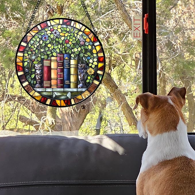 Stained Glass Window Hanging Green Plants Flowers Books 7.8" - Suncatcher Door Garden Sunroom Sun Catcher Decor Birthday Christmas for Mom Men Woman Nana