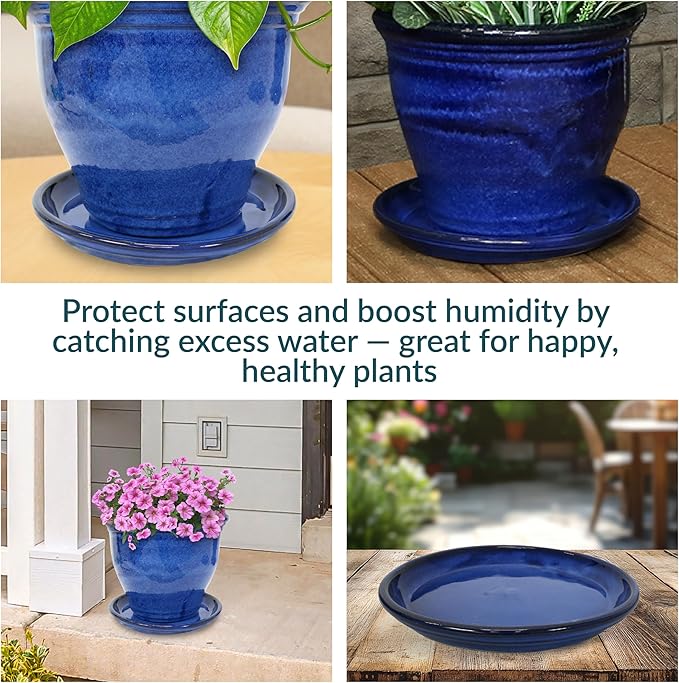Sunnydaze 12-Inch Ceramic Plant Saucers - Plant Drip Trays for Outdoor Planter Flowerpot Drainage - Set of 4 - Imperial Blue
