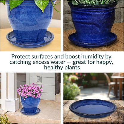 Sunnydaze 12-Inch Ceramic Plant Saucers - Plant Drip Trays for Outdoor Planter Flowerpot Drainage - Set of 4 - Imperial Blue