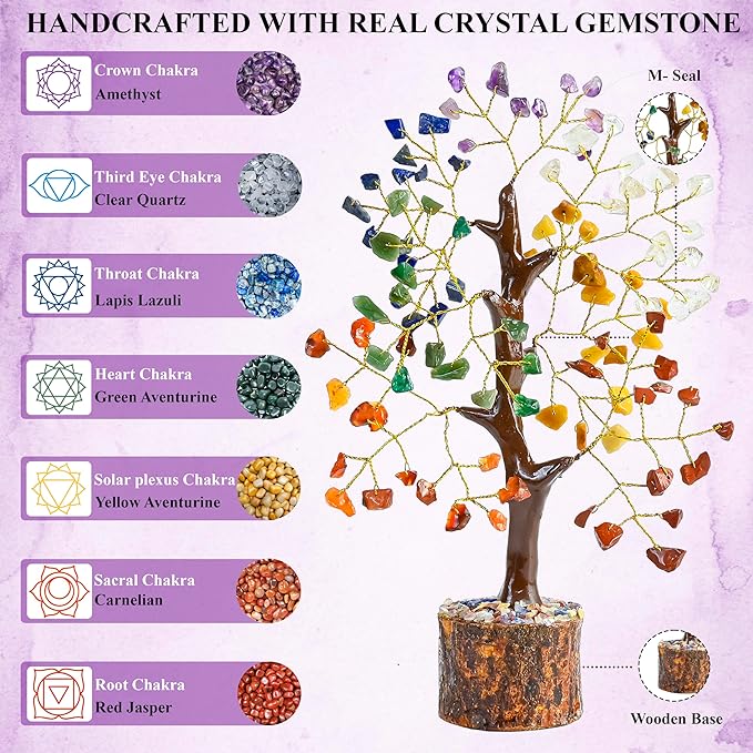 Crocon 7 Chakra Crystal Tree of Life D�cor Bonsai Tree Meditation Office Desk Decor Healing Crystals Stones for Birthday Gifts for Women House Warming Gifts New Home Decoration Present Sister Mom