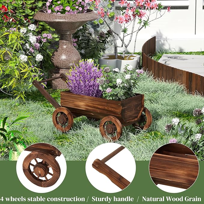 PULIJIA Wooden Wagon Planter Outdoor Garden Planter, Trolley Decoration Succulent Flower cart, Indoor Outdoor Backyard Balcon Decor cart with Wheels, Planter for Patio. (HC-L)