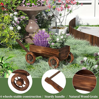 PULIJIA Wooden Wagon Planter Outdoor Garden Planter, Trolley Decoration Succulent Flower cart, Indoor Outdoor Backyard Balcon Decor cart with Wheels, Planter for Patio. (HC-L)