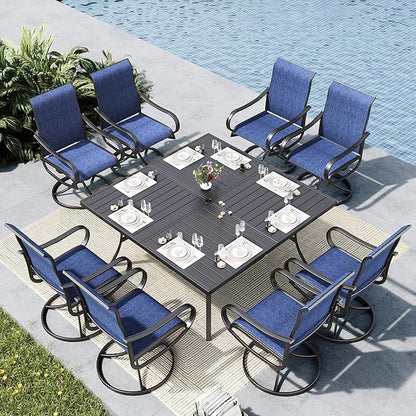 MFSTUDIO Patio Dining Set for 8, Outdoor Dining Set with Square Metal Table and Swivel Chairs, 9 Piece Outdoor Patio Furniture Set for Deck/Backyard/Poolside/Garden