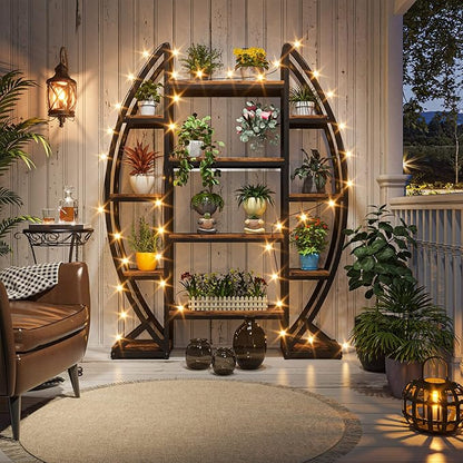 Tribesigns Curved Plant Stand Indoor, 8 Tiered Large Metal Plant Shelf, 69" Tall Industrial Flower Pot Stand Display Rack for Indoor Living Room, Balcony, Patio (Brown)