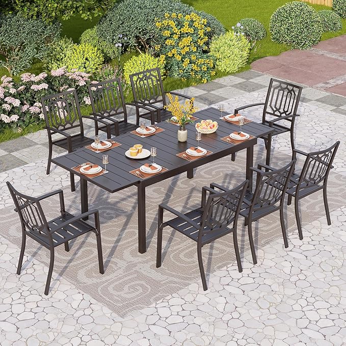 PHI VILLA 9 Piece Outdoor Dining Set for 8, Expandable Rectangular Metal Dining Table Stacking Steel Chairs for Patio, Deck, Backard, Porch