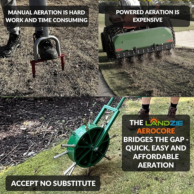 Landzie AeroCore Duo Rolling Lawn Aerator – Manual Core Plug Aerator with Chamfered Hollow Tines – Heavy-Duty 38.8 Pound Wheel Aerator Lawn Tool – Push Yard Aerator Aeration Tool