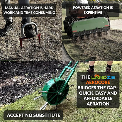 Landzie AeroCore Duo Rolling Lawn Aerator – Manual Core Plug Aerator with Chamfered Hollow Tines – Heavy-Duty 38.8 Pound Wheel Aerator Lawn Tool – Push Yard Aerator Aeration Tool