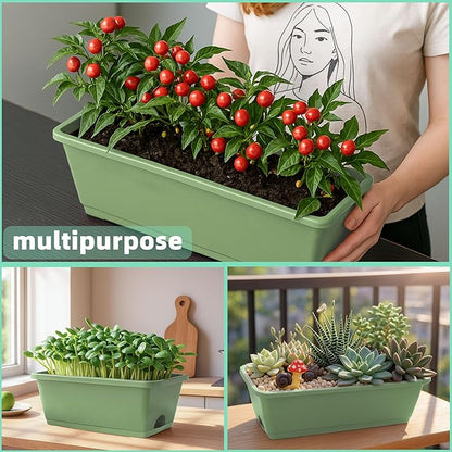Window Box Planter, 12 Pack Plastic Vegetable Flower Planters Boxes 17 Inches Rectangular Flower Pots with Saucers for Indoor Outdoor Garden, Patio, Home Decor (Brick RED) (Aqua)