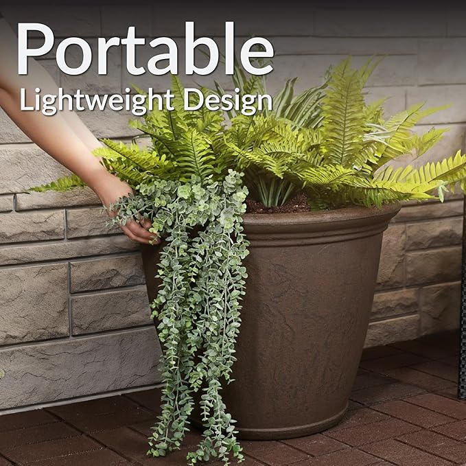 Sunnydaze 24-Inch Anjelica Large Plastic Pot for Plants - Double-Walled Outdoor Polyresin Round Planter Porch Pot with Drillable Drainage Holes - Rust - 3pk