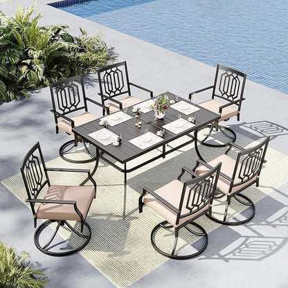 MFSTUDIO Metal Patio Dining Sets for 6, Outdoor Furniture Set with 6 Swivel Armrest Chairs with Cushion and 1 Metal Steel Slat Dining Rectangle Table