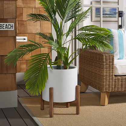 SAFAVIEH Outdoor Patio Furniture Jesper Modern White Concrete Ficonstone & Natural Brown Solid Wood Planter Pot