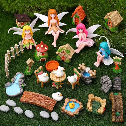 35 Pcs Fairy Garden Accessories Miniatures Garden Kit with Resin Fairies, Duck, Mushroom House & Bridge Miniature Accessories for Terrarium, Dollhouse & Outdoor Decor