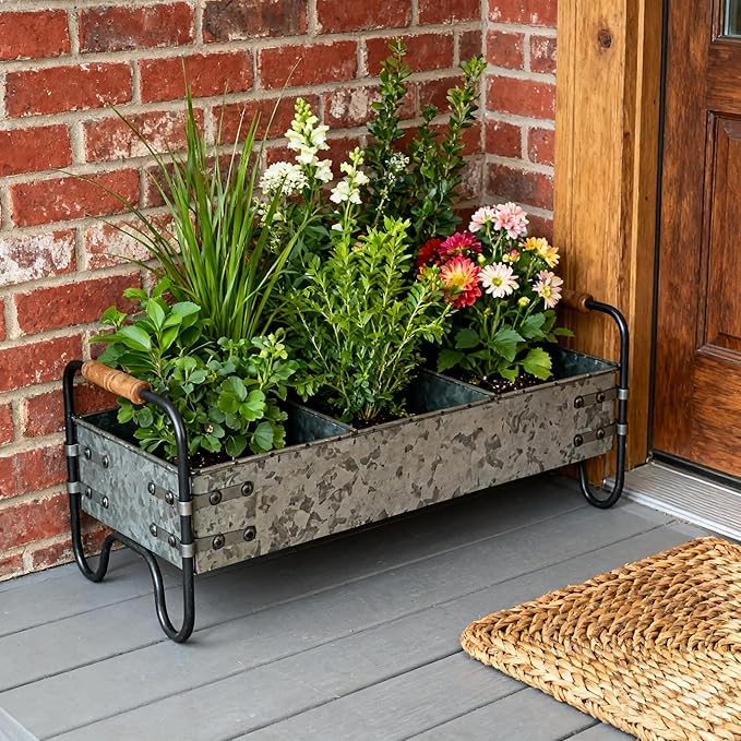 Rustic Galvanized Metal 3-Compartment Planter with Wood Handles, Vintage Style Succulent Herb Flower Pot for Indoor Outdoor Garden, Kitchen, Windowsill Decor