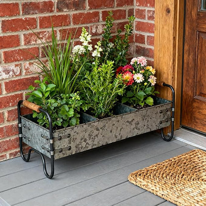 Rustic Galvanized Metal 3-Compartment Planter with Wood Handles, Vintage Style Succulent Herb Flower Pot for Indoor Outdoor Garden, Kitchen, Windowsill Decor