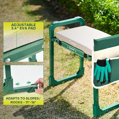 Saker Garden Kneeler and Seat Foldable Gardening Stool with Extendable Legs & Thickened Pad, Tool/Storage Bag, Heavy Duty Support for Elderly, Gardening, Outdoor Use