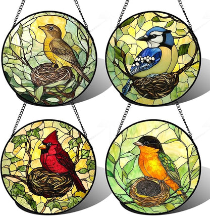 Stained Glass Window Hanging 4 Pcs Set Bird Theme On Branch 7.8" - Cardinal Suncatcher Door Garden Sun Catcher Decor Birthday Christmas for Mom Woman Nana Men