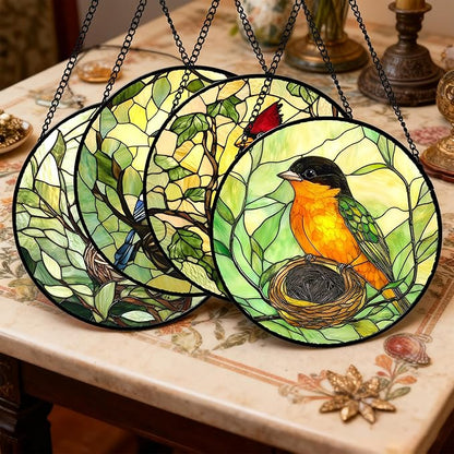 Stained Glass Window Hanging 4 Pcs Set Bird Theme On Branch 7.8" - Cardinal Suncatcher Door Garden Sun Catcher Decor Birthday Christmas for Mom Woman Nana Men