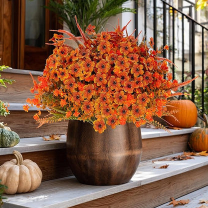 Artificial Fall Flowers for Outdoors Fake Mums - 16 Bundles Faux Fall Decor Plants No Fade Shrubs (16, OrangeGreenGrass)