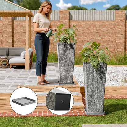 Tapered Tall Planters for Outdoor Plants 2 Pack- 23.6 Inch Heavy-Duty Classic Square Indoor Flower Pots with Drainage Holes/Partition/Tray, Large Outdoor Planters for Porch Patio, Gray
