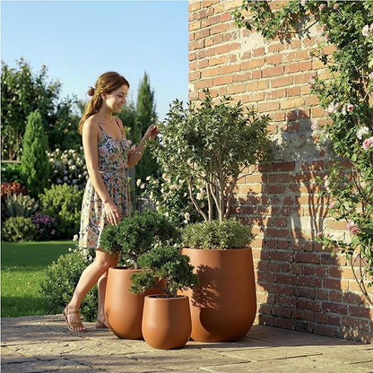 DTY Signature Mount Wilson Modern Indoor Outdoor Fiberstone Tapered Planter, Lightweight, Weather Resistant Garden Pot with Drainage Hole & Rubber Plug, Planter for Christmas Decor – Terracotta, Small