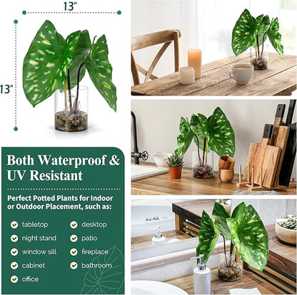 SUNPRAIRIE Tropical Artificial Plant in Clear Pot with Artificial Water, Wide Arrowhead Leaves. Faux Plants Indoor and Outdoor
