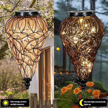 Solar Hanging Lantern Outdoor Garden Lights, Tear-Shaped Glass and Metal Hanging Lantern, 15 Firefly LED Lights, 7 x 24 Inch (Amber)