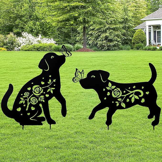 Dog Metal Garden Stakes Decorative for Outside Black Dog Silhouette Statues for Yard Art Patio Lawn Outdoor Decor