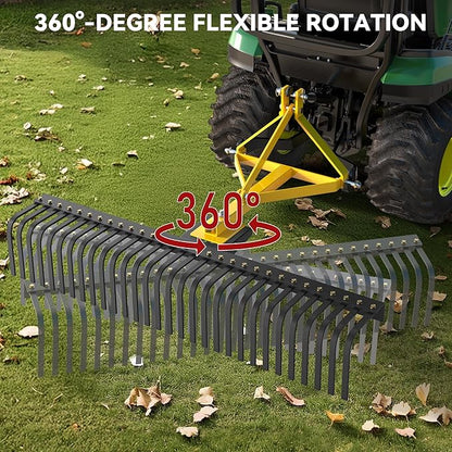 YITAMOTOR 3 Point Landscape Rock Rake for Category 1, 5 FT Attach Tractor Rake with 360 Degree Rotation, Tow-Behind Lawn Garden Tool Attachment for Compact Tractors