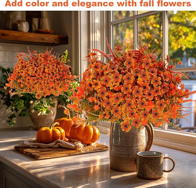 Artificial Fall Flowers for Outdoors Fake Mums - 16 Bundles Faux Fall Decor Plants No Fade Shrubs (16, OrangeGreenGrass)