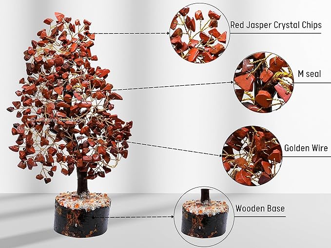 Amazing Gemstone Red Jasper Natural Healing Premium Crystal Bonsai Feng Shui Fortune Money Tree of Life for Home Office Decor (Gift Box Ready,10-12 Inch)