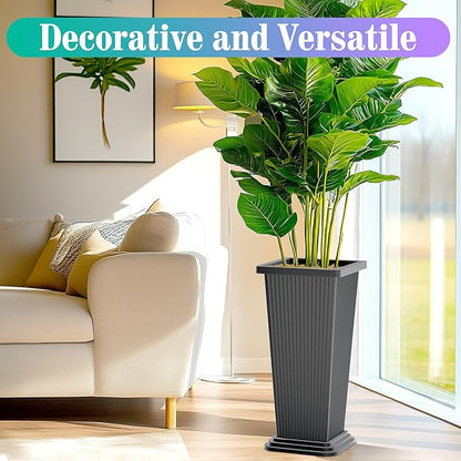 24 Inch Tall Tapered Square Planters (Set of 2) - Indoor Outdoor Large Flower Pots with Built-in Drainage & Matching Water Tray for Patio, Garden, Home - Gray