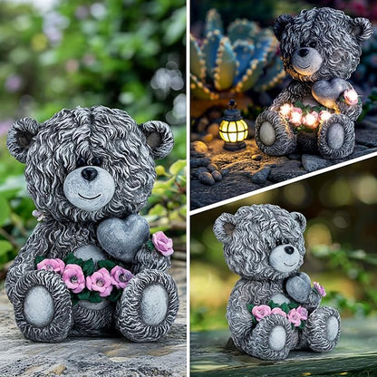 Solar Garden Outdoor Statues Bear with Heart and Pink Flower and 5 LED Lights-Lawn Decor Bear Statue for Patio, Balcony, Yard Ornament-Unique Mother's Day and Housewarming Gifts for Mom, Women