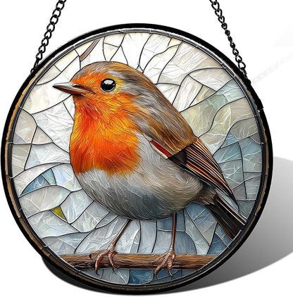 Stained Glass Window Hanging - Orange Grey Robin Sun Catcher for Door Garden Home Decor Bird Lovers Suncatcher Christmas Mother's Day Birthday Gifts for Women Men Mom Nana 7.8 in