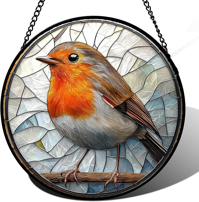 Stained Glass Window Hanging - Orange Grey Robin Sun Catcher for Door Garden Home Decor Bird Lovers Suncatcher Christmas Mother's Day Birthday Gifts for Women Men Mom Nana 11.8 in