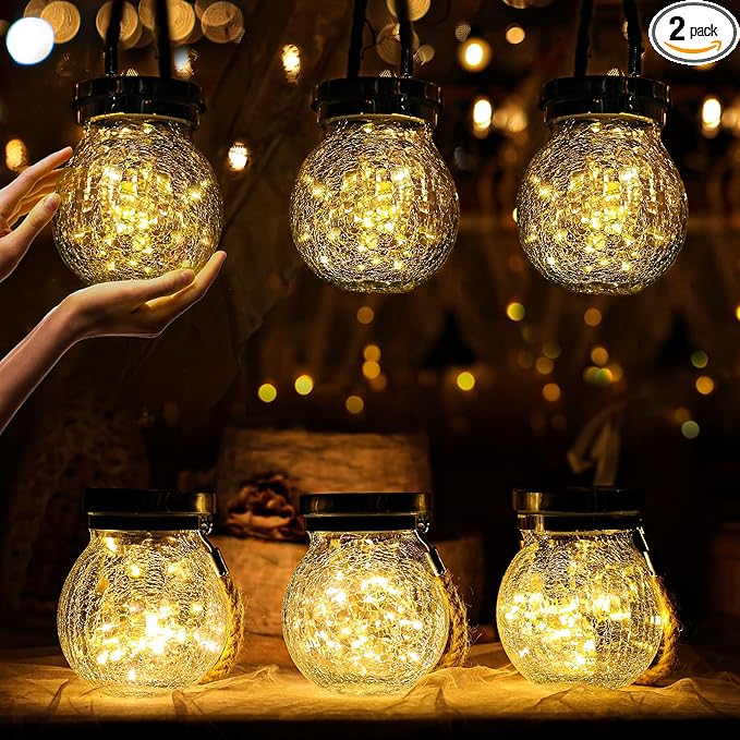 Cooo Christmas Gifts 2 Pack Solar Lanterns Waterproof Outdoor Heavy Crackle Glass 30 LED Warm Firefly Lights Stainless Steel Lid 215% Solar for Women Mom Grandma Outdoor Table Lamps Garden Yard Decor